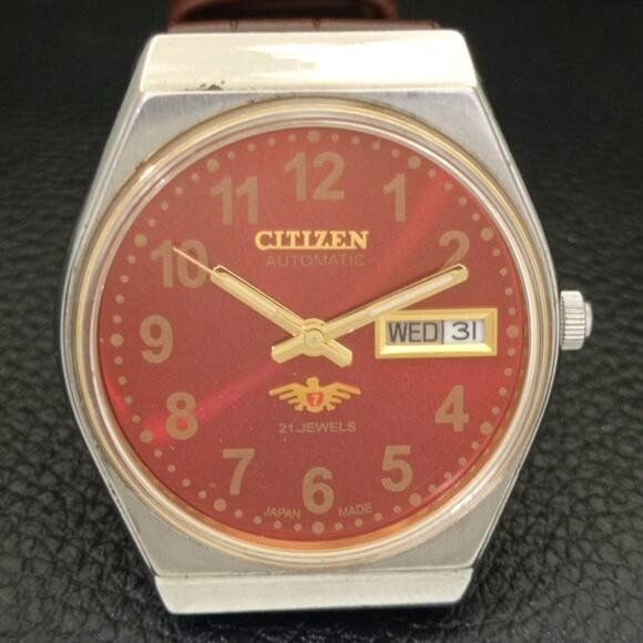 Vintage 1979 Citizen Automatic Mens Silver Watch W/daydate & Red accents - Picture 4 of 10